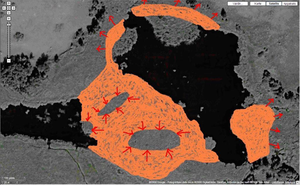 4 2. attēls. Mīlestības salas ezeriņos veicamie augāja transformācijas pasākumi Ar oranžu krāsu iezīmētas platības, kur likvidējams ezeriņus iekļaujošais niedrājs.