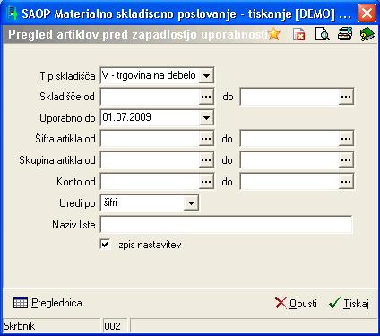 MSP 232 V primeru na sliki so prikazane možnosti, ki so na voljo pri tiskanju. Tip skladišča vpišemo oziroma izberemo tip skladišča za katerega želimo podatke pregledovati.