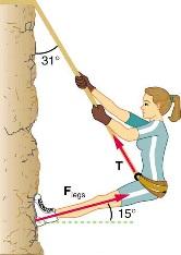 arritura, në secilin nga rastet e figurave më poshtë: a. forcat horizontale b. forcat sipas drejtimit të rrafshit të pjerrët c. forcat që veprojnë te këmba e alpinistes.