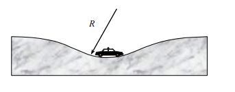 15 70. Automobil mase 1t giba se po cesti stalnom brzinom 20m/s. a) Kolikom silom pritišće automobil cestu kada se nalazi na vrhu brijega (slika)? Polumjer zakrivljenosti brijega je R=100 m.