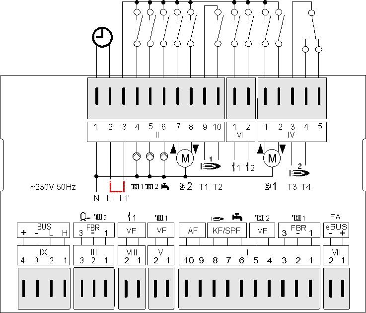 4 dalis: Instaliacija ir paleidimas Instaliacija Elektros prijungimų schemos Versija 1 ~230V; V; relių apkrova 2(2)A, ~250V Šioje schemoje atvaizduota maksimali reguliatoriaus jungčių versija.