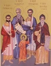 Martyrs all contested for piety s sake in Milan; after the passage of much time their holy relics were discovered and given honourable burial by Saint Ambrose.