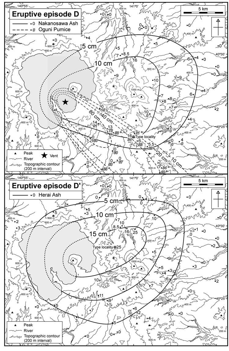 101 Fig. ++. Isopach maps for tephras from the eruptive episode D (upper) and D (lower).