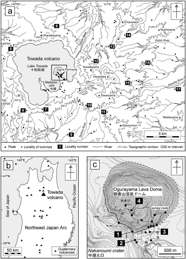 90 Fig. +. (a) Topographical map of Towada volcano showing the locality of outcrops. (b) Location map of Towada volcano.