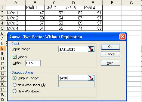 Data>Data Analysis>Anova: Two Factor Without