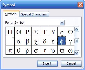 14. Completarea tabelului 1. Completați tabelul ca mai jos: Obs: Pentru a insera simbolul φ (fi), mutați cursorul în locul dorit și lansați comanda Symbol din meniul Insert.