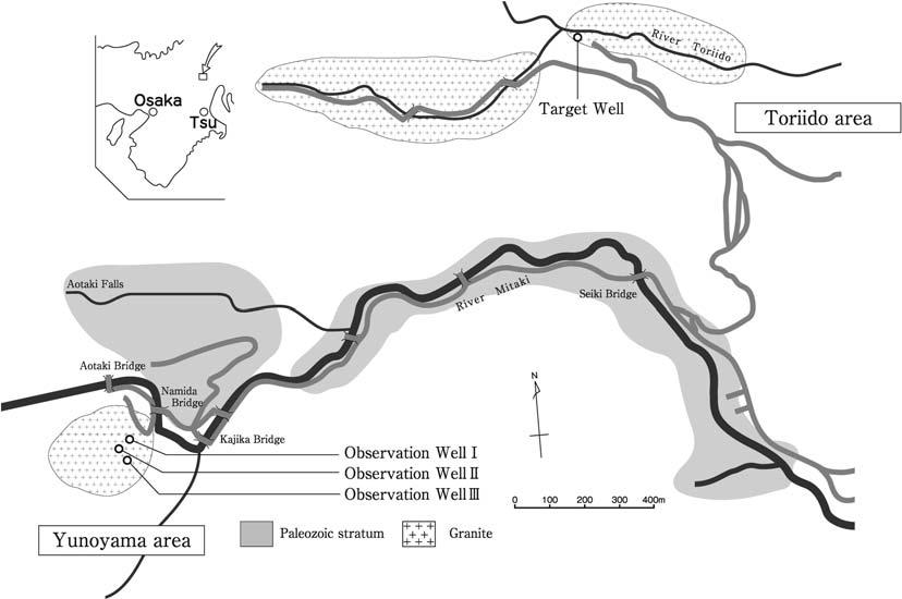 Fig. + Location of the observation and target wells on the schematic geologic map (after Hot Spring Research Center, +30, ).