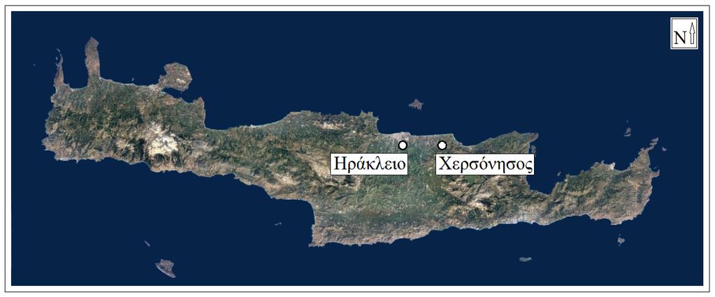 Σχήμα 7.1: Η νήσος Κρήτη στη νότια Ελλάδα και η περιοχή του Δήμου Χερσονήσου στο βόρειο τμήμα αυτής (Google map).