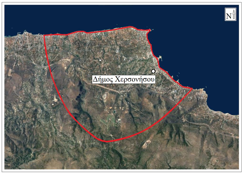 Υψηλης Ταξης Προσεγγισεις και Στοχαστικη Βελτιστοποιηση για Μοντελα Σχήμα 7.2: Κάτοψη παράκτιου υδροφορέα γλυκού νερού (κόκκινη τεθλασμένη γραμμή) στο Δήμο Χερσονήσου Κρήτης (Google map).