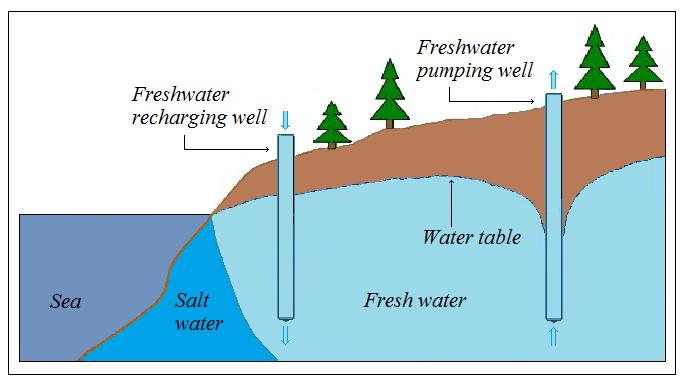 Σχήμα 1.5: Κάθετη διατομή παράκτιου υδροφορέα. Περιορισμός του φαινομένου της υ- φαλμύρισης χρησιμοποιώντας γεωτρήσεις εμπλουτισμού σε γλυκό νερό στο εσωτερικό του υδροφορέα.