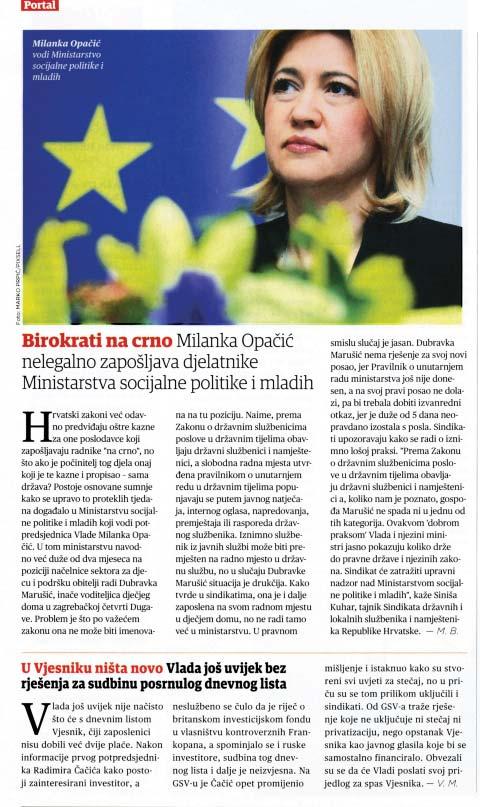MORH KAD SE VLASTI ÆURI SVE JE MOGU E Ministrica OpaËiÊ zapoπljava na crno? (SDLSN, 19. oæujka 2012.