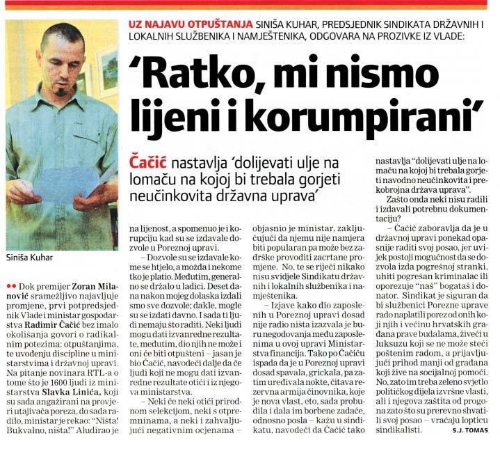 Porezna uprava SDLSN poziva ministra LiniÊa da kolegi»aëiêu objasni πto radi Porezna uprava (SDLSN, 2. travnja 2012.