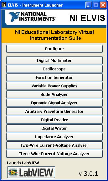 NI ELVIS softver NI ELVIS softver se pokreće izborom opcije: Start>All Programs>National Instruments>NI ELVIS Traditional>NI ELVIS Traditional ili klikom na NI ELVIS prečicu na Desktop-u. Na Sl.