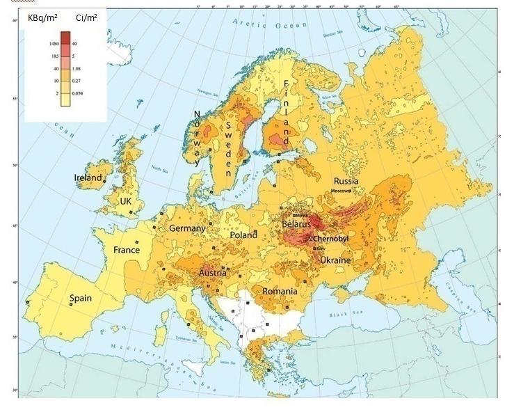 Слика 2: Ширење радиоактивног облака, насталог приликом чернобиљског акцидента. Модификовано из: U.S.