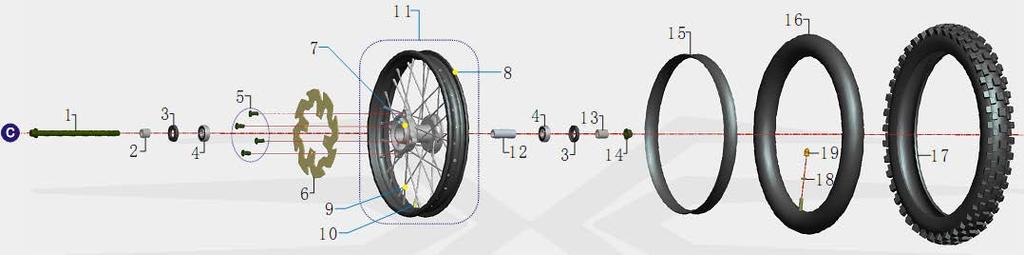 FRONT WHEEL ASSY. 1 GB/T5787 M12*215 bolt, flanged M12*215 1 2 09010010210000 spacer Φ12.