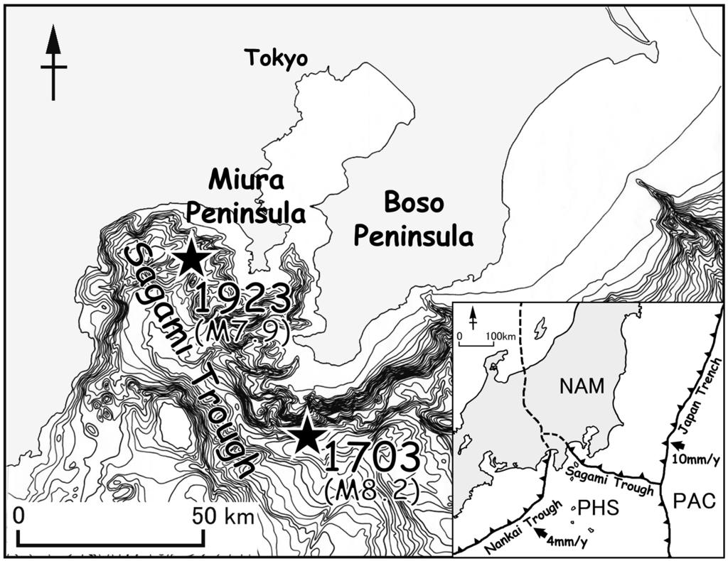 Fig. +. Epicenters of the Kanto Earthquakes along the Sagami Trough. Locations of the epicenters are basedon Utsu (+333).