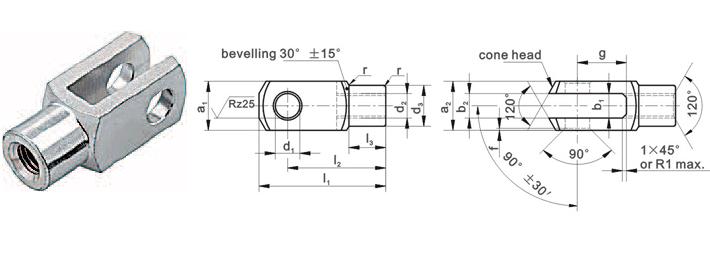 Clevises DIN 71752/ISO 8140 G series Part # Dimensions mm d 1 g a 1 a 2 b 1 b 2 d 2 d 3 f L 1 L 2 L 3 r 0.3 H9 ±0.5 h11 B13 ±0.3 ±0.2 ±0.5 ±0.2-0.16 kg G4x8 4 8 8 8 4 4 0.3 0.2 M4x 8 0.5 21 16±0.