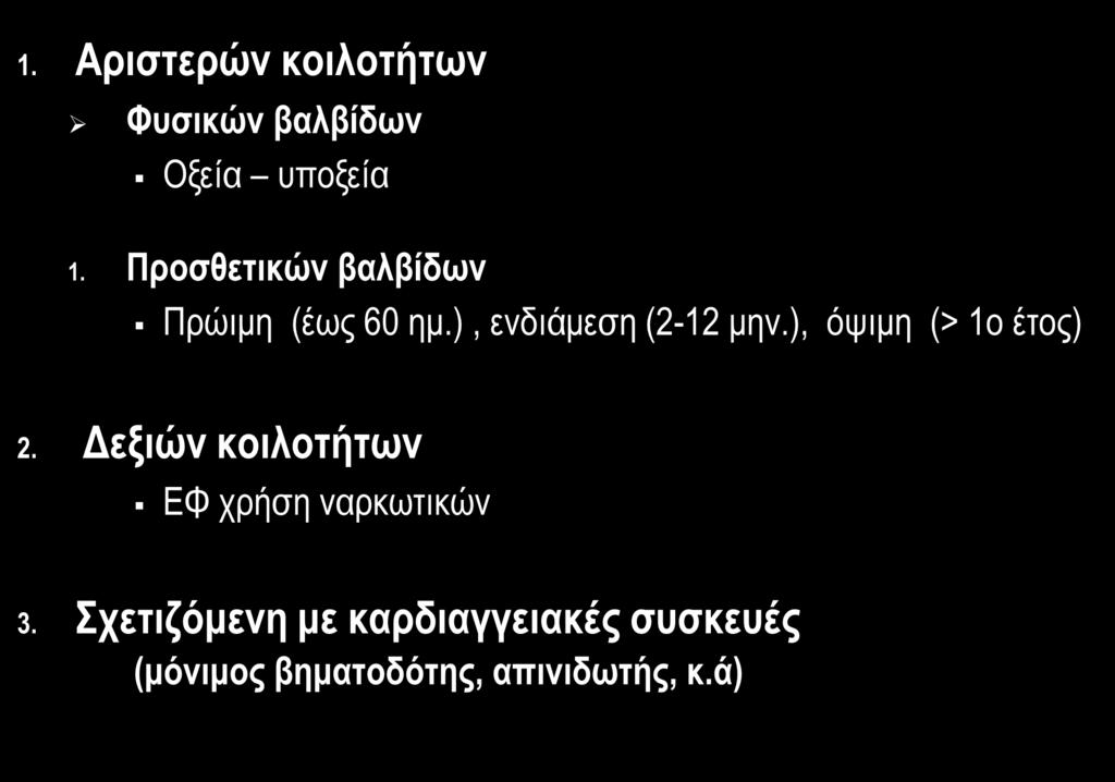 ΚΑΤΑΤΑΞΗ ΛΟΙΜΩΔΟΥΣ ΕΝΔΟΚΑΡΔΙΤΙΔΑΣ (ΛΕ) 1. Αριστερών κοιλοτήτων Φυσικών βαλβίδων Οξεία υποξεία 1. Προσθετικών βαλβίδων Πρώιμη (έως 60 ημ.