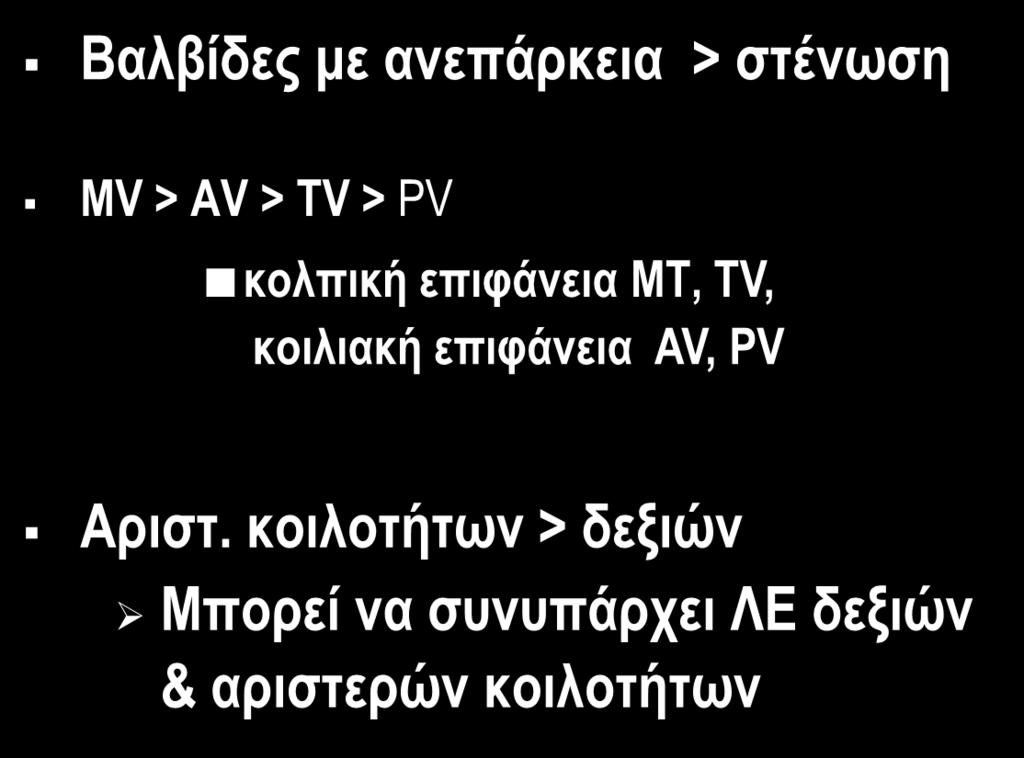 ΠΡΟΣΒΑΛΛΟΜΕΝΕΣ ΒΑΛΒΙΔΕΣ Βαλβίδες με ανεπάρκεια > στένωση ΜV > ΑV > ΤV > PV κολπική επιφάνεια ΜΤ, ΤV, κοιλιακή επιφάνεια AV, PV Αριστ.