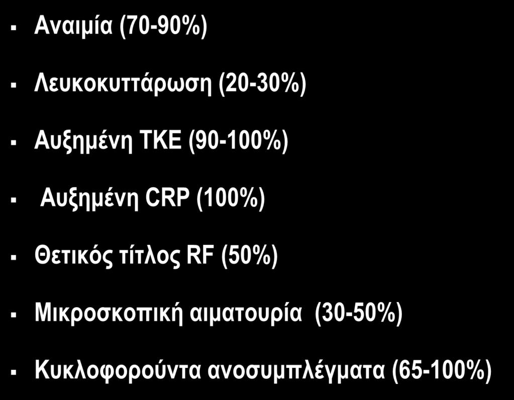 Εργαστηριακά ευρήματα ΛΕ Αναιμία (70-90%) Λευκοκυττάρωση (20-30%) Αυξημένη TΚΕ (90-100%) Αυξημένη CRP (100%) Θετικός τίτλος RF