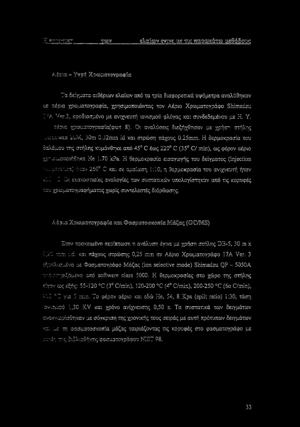 Οι αναλύσεις διεξήχθησαν με χρήση στήλης Larbewax 20Μ, 30m 0.32mm id και στρώση πάχους 0.25mm.