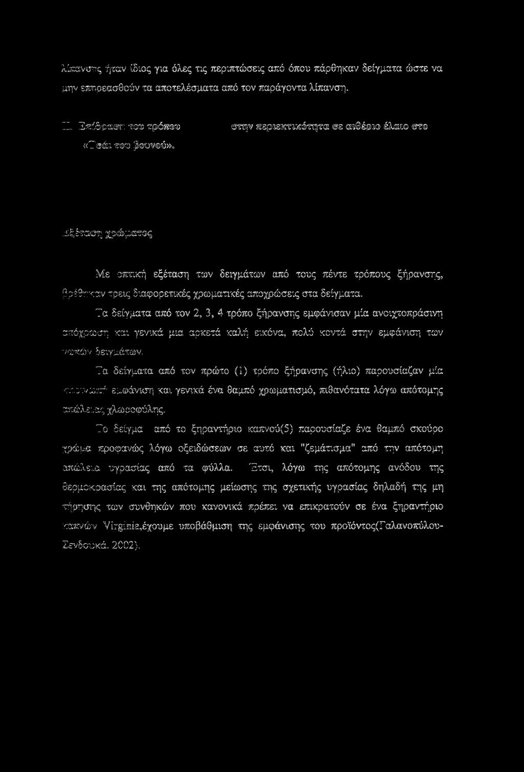 χρωματικές αποχρώσεις στα δείγματα. Τα δείγματα από τον 2, 3, 4 τρόπο ξήρανσης εμφάνισαν μία ανοιχτοπράσινη απόχρωση και γενικά μια αρκετά καλή εικόνα, πολύ κοντά στην εμφάνιση των νωπών δειγμάτων.