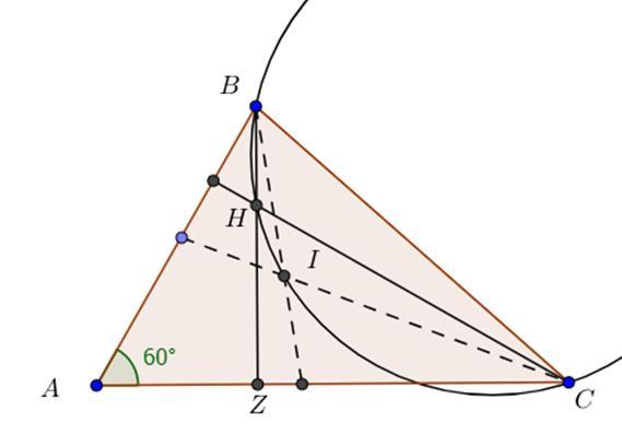 2. N Πρώτα B + C = 120 B + C = 60 BIC = 180 60 = 120 και 2 2 BHC = NHZ = 360 (90 + 90 + 60) = 120. Έτσι BIC = BHC, δηλαδή το τετράπλευρο ΒΗΙC είναι εγγράψιμο. Άρα CHI = IC 2 = IBC = B 2 3.