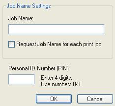 Στο παράθυρο Job PIN, πληκτρολογήστε [Job Name] [Όνοµα Εργασίας] για αυτή την εκτυπωτική εργασία. Το όνοµα µπορεί να σχηµατιστεί από ως και 16 αλφαβητικούς και αριθµητικούς χαρακτήρες.