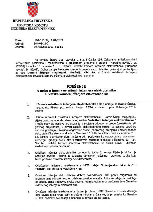 RJEŠENJE O UPISU U IMENIK