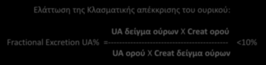 Ελάττωςθ τθσ Κλαςματικισ απζκκριςθσ του ουρικοφ: UA δείγμα οφρων X Creat οροφ Fractional Excretion UA% =------------------------------------------- <10% UA οροφ Χ Creat δείγμα οφρων Αυξθμζνθ πρόςλθψθ