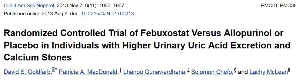 Conclusions Febuxostat (80 mg) lowered 24-hour urinary uric acid significantly more than allopurinol (300 mg) in stone formers with
