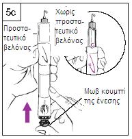 (Σχήμα 5c με ή χωρίς το προστατευτικό της βελόνας). ε. Πιέστε το μωβ κουμπί της ένεσης μέχρι να εμφανισθεί υγρό. στ.