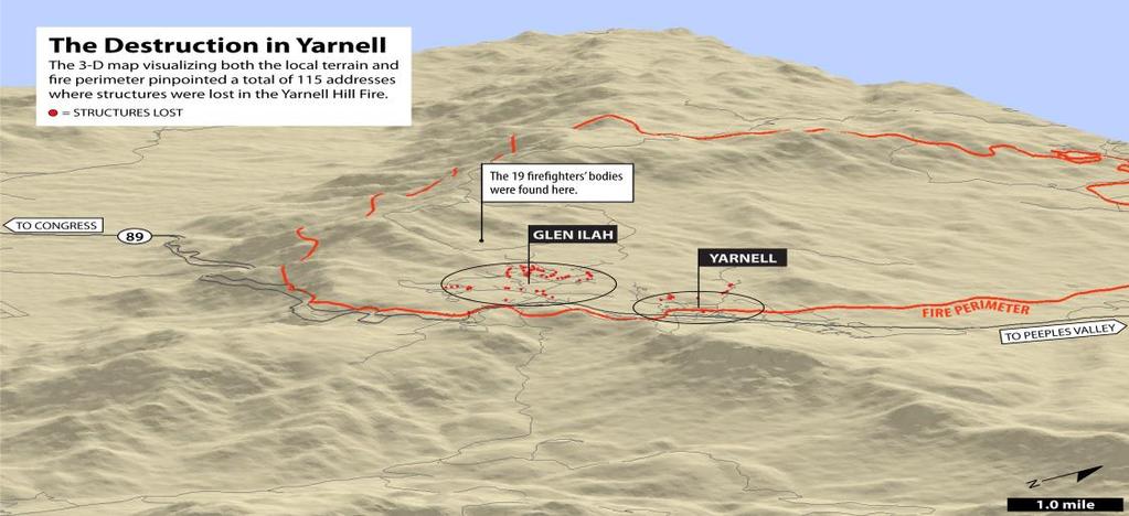 Εικόνα 5.3 Η έκταση της πυρκαγιάς και το σημείο που σημειώθηκε το ατύχημα. Πηγή : www.google.gr. Στις 30 Ιουνίου, 19 Πυροσβέστες της Ομάδας Granite Mountain Hotshots έπεσαν στο καθήκον.