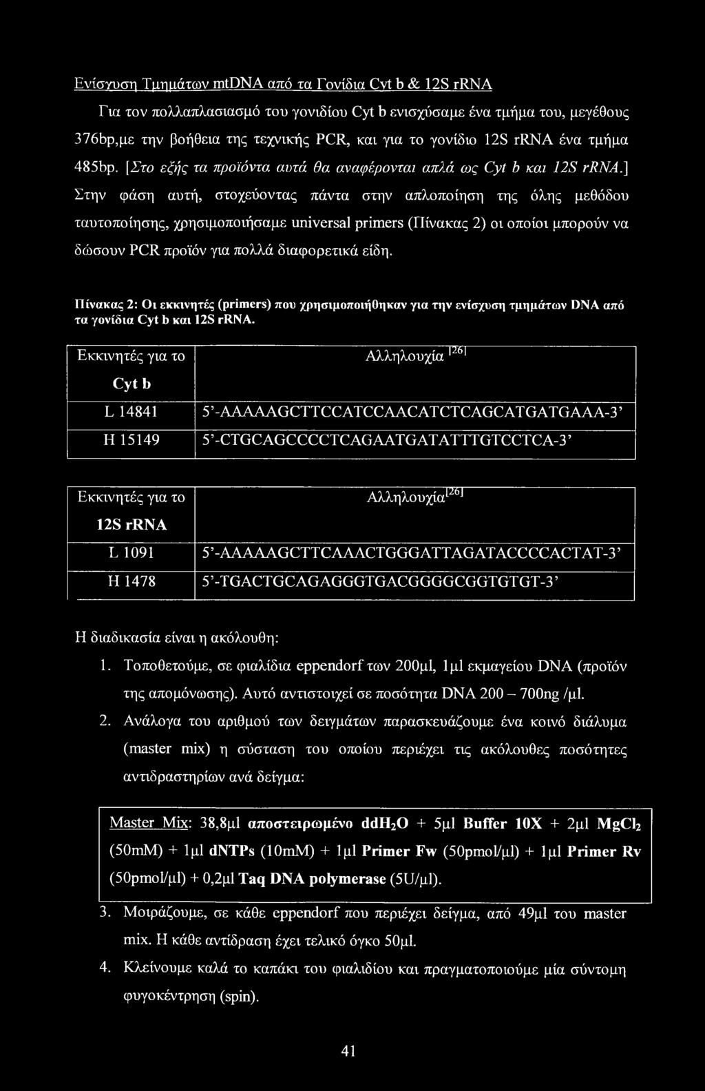 ] Στην φάση αυτή, στοχεύοντας πάντα στην απλοποίηση της όλης μεθόδου ταυτοποίησης, χρησιμοποιήσαμε universal primers (Πίνακας 2) οι οποίοι μπορούν να δώσουν PCR προϊόν για πολλά διαφορετικά είδη.