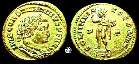 Figura 10: Pas konvertimit të Konstandinit në Krishterim, ai vazhdoi të mbajë monedha me zotin e tij të diellit (majtas).