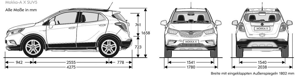 Τεχνικά Χαρακτηριστικά Opel Mokka X 6 Βάρη & ιαστάσεις ιαστάσεις οχήματος σε mm Μήκος Πλάτος (+/ εξωτερικούς καθρέπτες) Συνολικό ύψος (στο απόβαρο) Μεταξόνιο Μετατρόχιο, εμπρός/πίσω Κύκλος στροφής σε