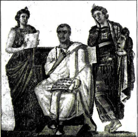 Ψηφιδωτό από τη Β. Αφρική (4ος αι. μ.χ.). Παρουσιάζει το Βιργίλιο να κάθεται ανάμεσα σε δυο Μούσες.