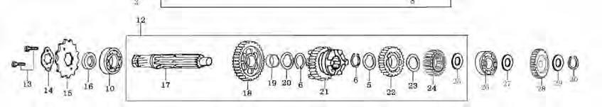 1 0.5 26 1 10 92102-00000006203 BEARING (6203) 2 11 23233-IZ02-0000 STARTING GEAR 1 12 23240-JA16-0000 ASSEMBLY, COUNTERSHAFT 1 13 B057830006001070B BOLT M6 10 2 14 23402-D002-0000 LOCATING PLATE 1