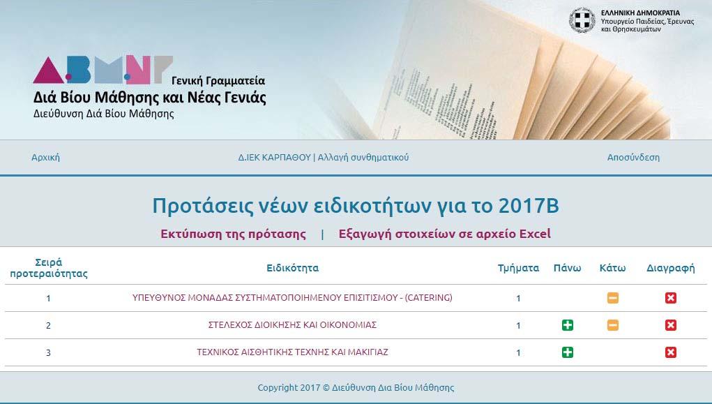 Προβολή και τροποποίηση της πρότασης Από την [Αρχική] σελίδα επιλέγεται η επιλογή [Προβολή πρότασης για νέες ειδικότητες 2017Β].