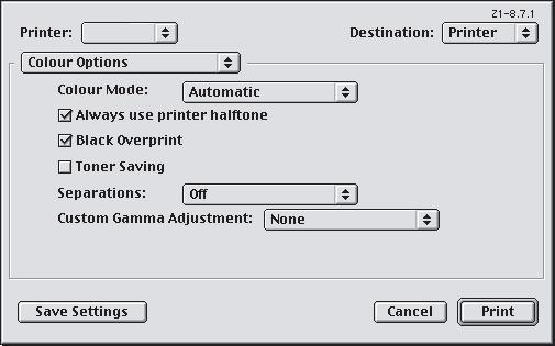 Mac OS 9 1. Επιλέξτε [File/Αρχείο] [Print]. 1 2 3 2. Από το µενού [Printer] (1), επιλέξτε το µοντέλο του εκτυπωτή σας. 3. Επιλέξτε [Colour Options] (2). 4.