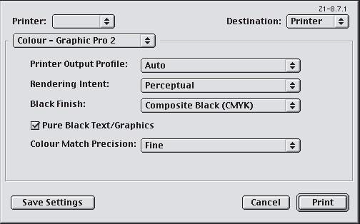 Mac OS 9 (Graphic Pro) 1. Από το µενού [File/Αρχείο], επιλέξτε [Print]. 1 2 3 2. Από το µενού [Printer] (1), επιλέξτε τον εκτυπωτή σας. 3. Στο επόµενο µενού (2), επιλέξτε [Colour Graphic Pro 2].