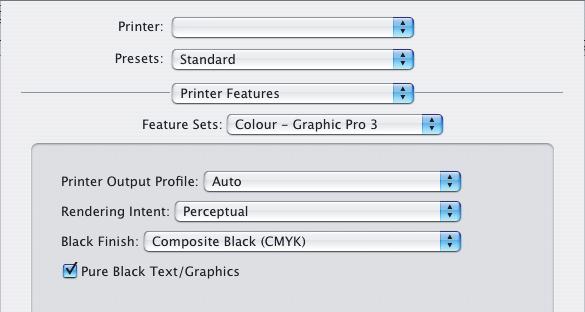Mac OS X (Graphic Pro) 1. Από το µενού [File/Αρχείο], επιλέξτε [Print]. 1 2 3 4 2. Από το µενού [Printer] (1), επιλέξτε τον εκτυπωτή σας. 3. Στο επόµενο µενού (2), επιλέξτε [Printer Features].
