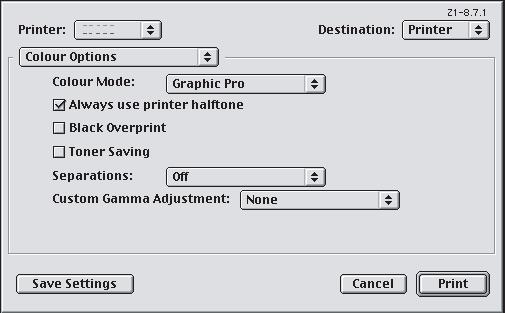 Mac OS 9 / Classic Αν χρησιµοποιείτε έγγραφο πηγής RGB, προσοµοιώστε το αποτέλεσµα άλλου εκτυπωτή κάνοντας τις ακόλουθες επιλογές στο πρόγραµµα οδήγησης του εκτυπωτή: 1.