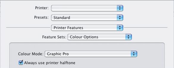 Mac OS X 1. Επιλέξτε [File/Αρχείο] [Print]. 1 2 3 4 2. Από το µενού [Printer] (1), επιλέξτε το µοντέλο του εκτυπωτή σας. 3. Επιλέξτε [Printer Features] (2). 4. Από το µενού [Feature Sets] (3), επιλέξτε [Colour Options].