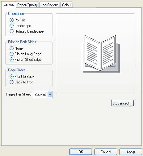 Windows PostScript (Windows 2000/XP/Server 2003 µόνο) 1. Στην καρτέλα [Layout] του προγράµµατος οδήγησης, επιλέξτε [Booklet] από την πτυσσόµενη λίστα [Pages Per Sheet]. 2. Ελέγξτε αν είναι επιλεγµένη η επιλογή αµφίπλευρης εκτύπωσης στο [Flip on Short Edge].