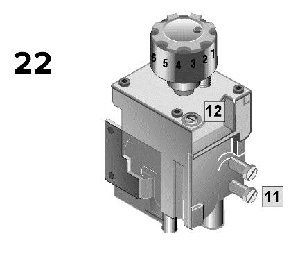 (obr. 21). Nastavenie sa vykoná pomocou regulačnej skrutky 12 na obr. 22. Zapaľovaci horáčik je správne nastavený ak je jeho dĺžka cca 2-3 mm a zasahuje vrchnú časť termočlánku.