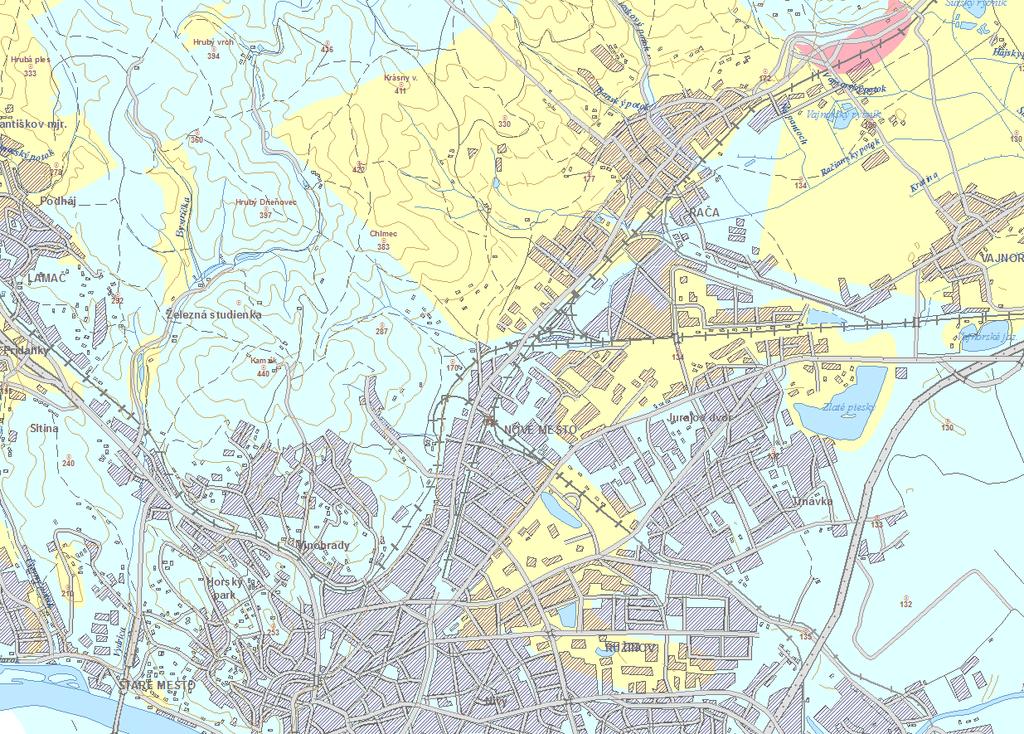 Obrázok 17 Izoplochy radónového rizika na území MČ Bratislava Nové Mesto a jeho okolia Zdroj: ŠGÚDŠ Celé riešené územie sa podľa vyššie uvedenej schémy nachádza v oblasti s nízkym radónovým rizikom