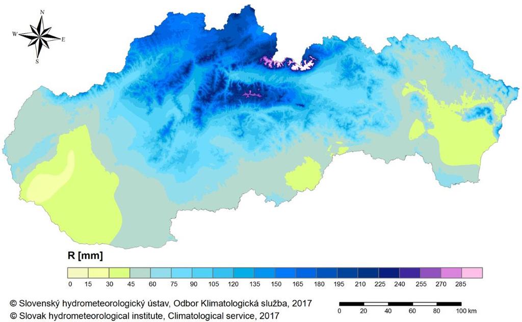 Obr. 3 Mesačný úhrn atmosférických zrážok na Slovensku v apríli 2017 Obr.