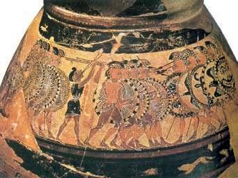 Πάνω αριστερά: Πρωτοκορινθιακό αγγείο: Αυλητής δίνει τον ρυθμό στη μάχη, (Αρχαιολογικό Μουσείο Κορίνθου).