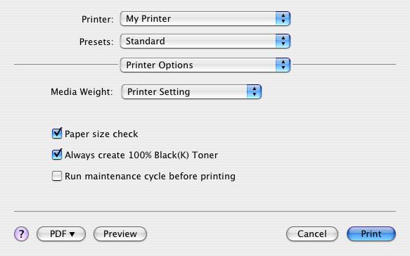 Επιλογές διαμόρφωσης σελίδας Printer Options (Επιλογές εκτυπωτή) Media weight (Βάρος χαρτιού) Επιλέξτε το πάχος/τύπο του χαρτιού στον εκτυπωτή.